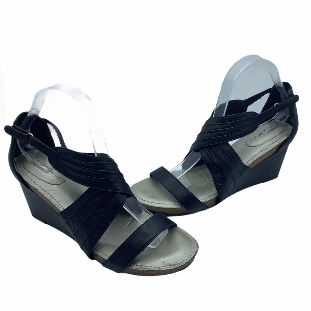 Michael Wedge Sandal Women Size 9.5 Black‎ Leather Open Toe Criss Cross Strapped